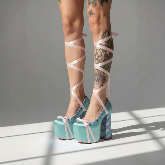 Sugar Thrillz ✦ Pastel Satin Ribbon Platforms ✦ Balletcore Pink Blue Heels NWT - Picture 3 of 10